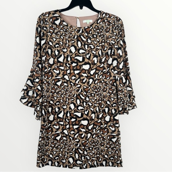 JADE Leopard Animal Print Shift Dress 3/4 Bell Sleeves Keyhole Back Size XS - Picture 1 of 13